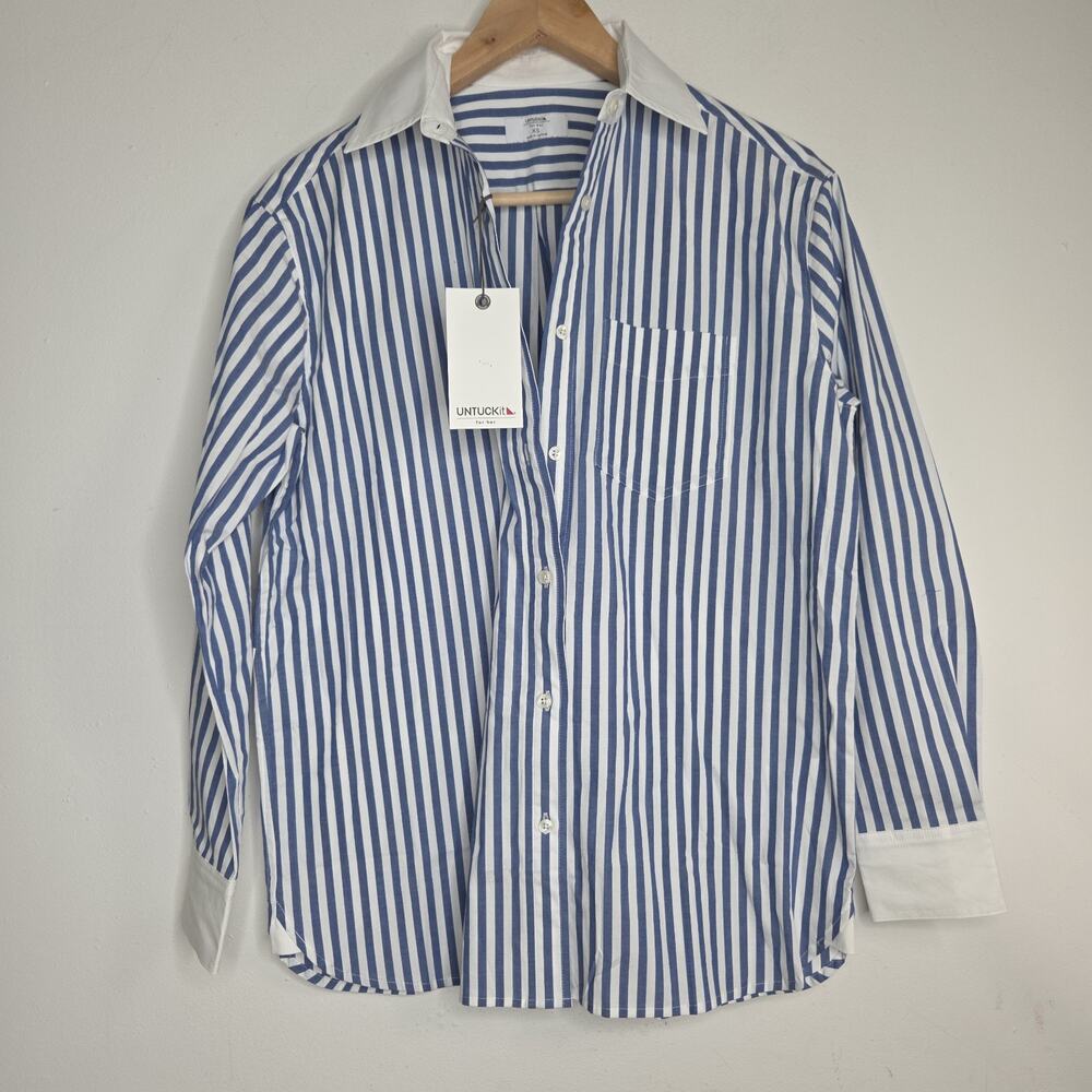 New Untuckit For Her Shirt Melanie Blue Striped Button Up Cotton Top XS